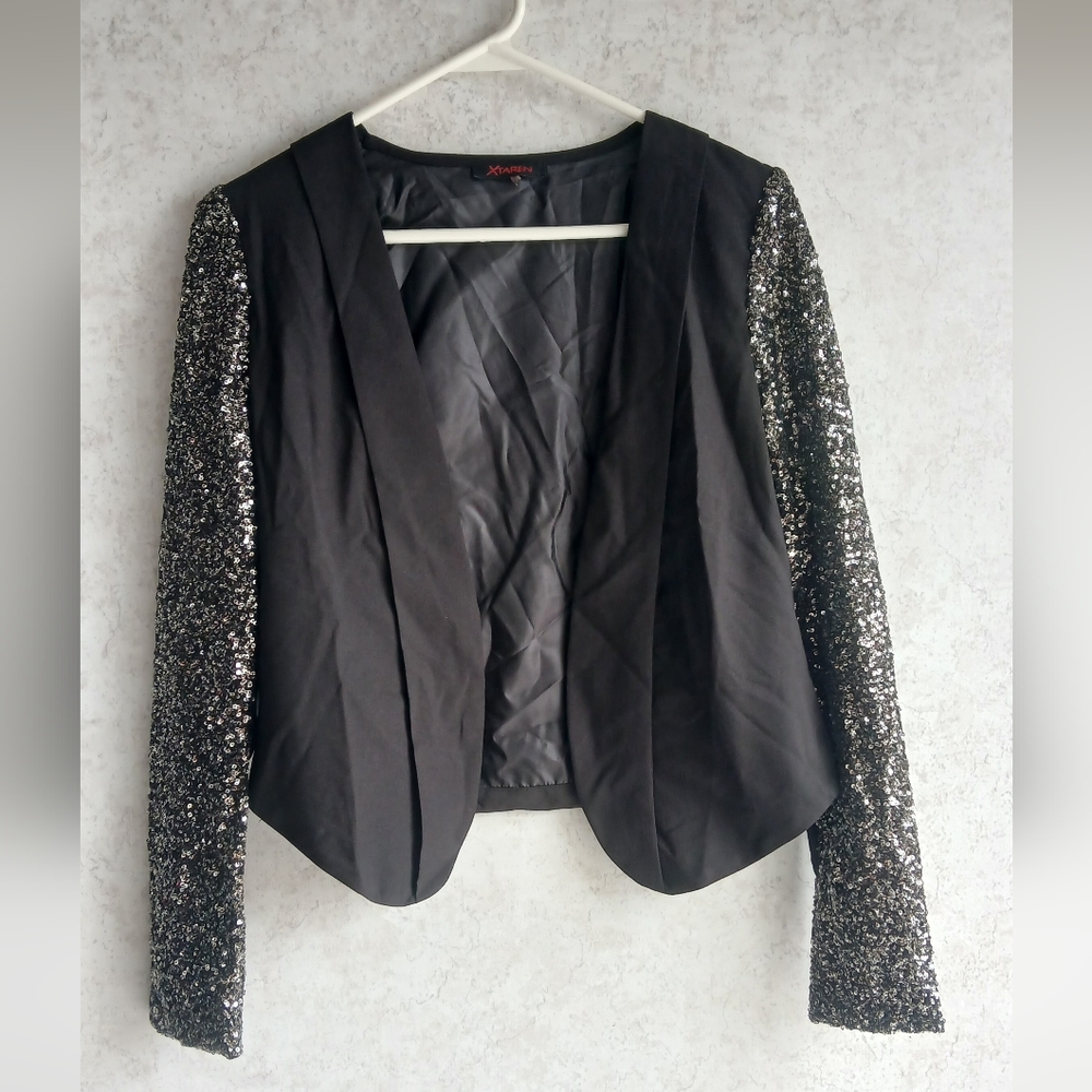 Xtaren Black Blazer With Silver Sequin Sleeves